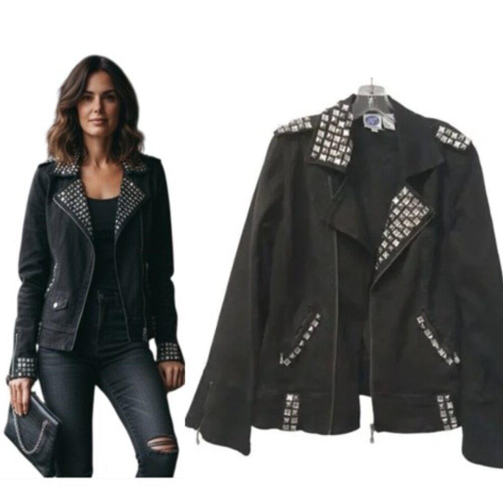 Y2K DG2 Black Denim Jacket Sz M Punk Rock Boxy Moto Bling Beaded Goth Retro Rock